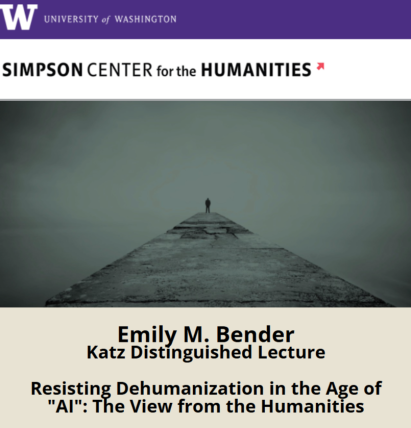 Titled image of the lecture Emily Bender is presenting. A dreary image of a person at the end of a road is above the title.