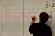 Someone writing on a whiteboard: "What writing process do you use?" and "Where is your happy place for writing?"