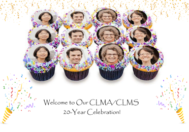 Cupcakes with faculty portraits on the frosting. Confetti and glitter around the image. Text reads Welcome to Our CLMA/CLMS 20-Year Celebration
