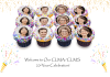 Cupcakes with faculty portraits on the frosting. Confetti and glitter around the image. Text reads Welcome to Our CLMA/CLMS 20-Year Celebration