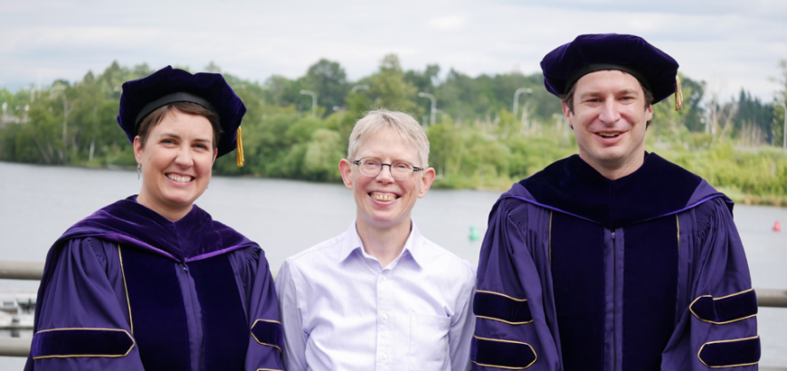 Professor Edith Aldridge with PhD graduates Amie DeJong and Alec Sugar at graduation